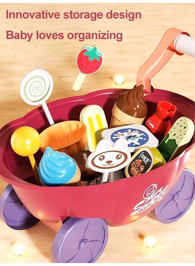 Kitchen Playset Ice Cream Cart Toy for Kids with Light And Music Pretend Play Ice Cream Shop Set Toy Kitchen Cooking Toy Children's Kitchen Playhouse Toys with Candy Ice Cream Role Play Cookware Indoor DIY Toy Games Kitchen Accessories Toys for 3+ Years Old Boys and Girls - Image 5